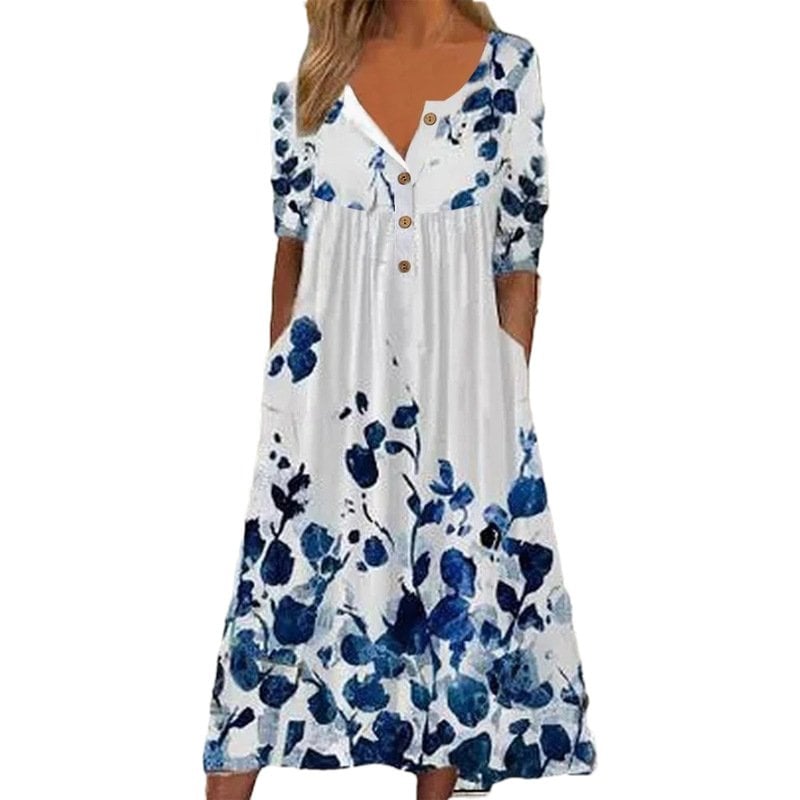 Casual Long-sleeve Button Print White Floral Dress