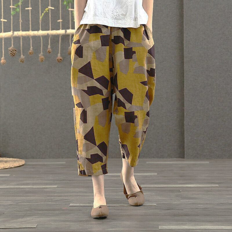 Cotton and linen summer casual printed cropped trousers