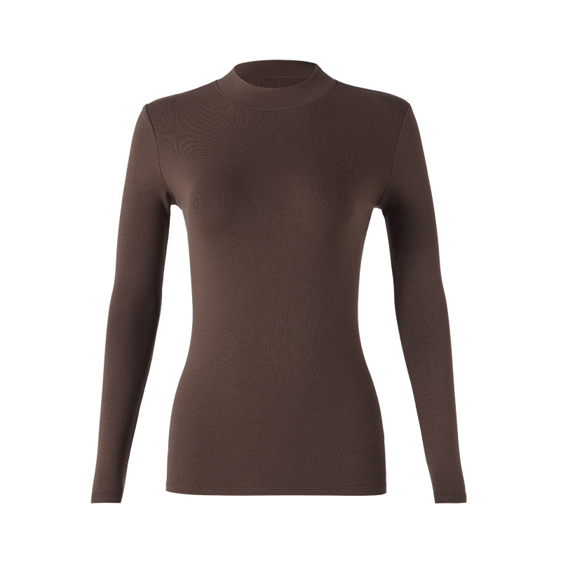 Shoulder Small Stand Collar Slim Fit Inner Wear Fleece Lined Sanded Bottoming Shirt Women's Half Turtleneck Spring and Autumn Winter Long Sleeve T-shirt Top