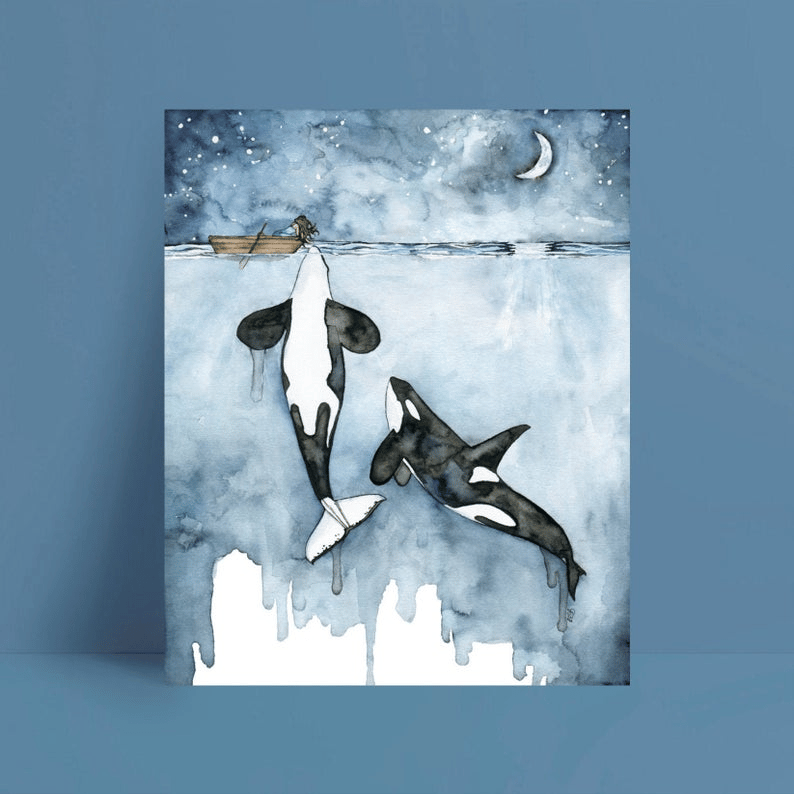 Orca Painting, Watercolor Painting, Whale Painting, Orca and Girl, Killer Whale, Whale Nursery111