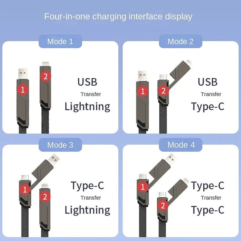 4-in-1  Flat Braided Anti-Tangle Charger Cord