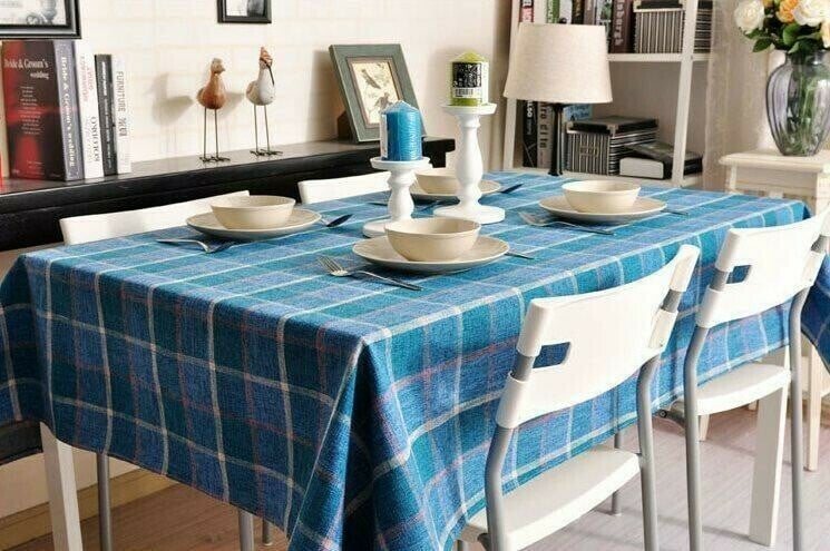 Blue Checked Linen Tablecloth