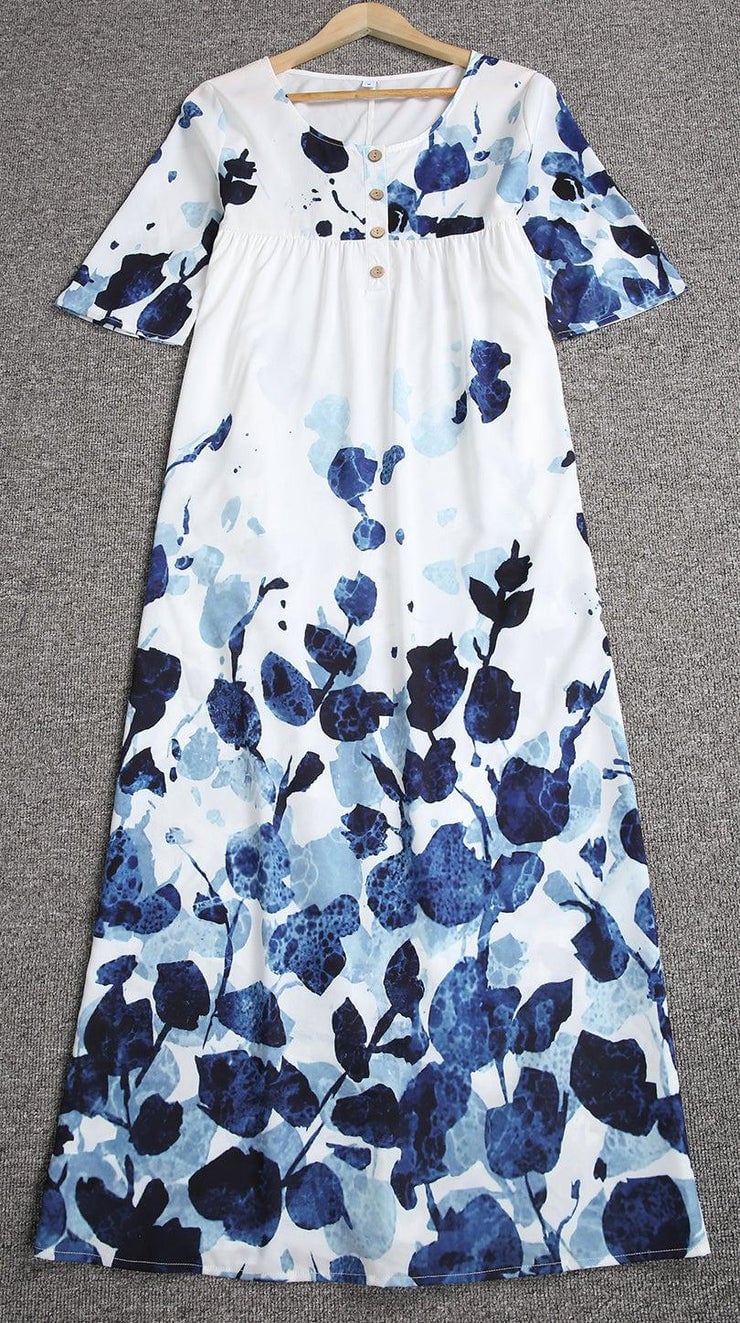 Casual Long-sleeve Button Print White Floral Dressskssf