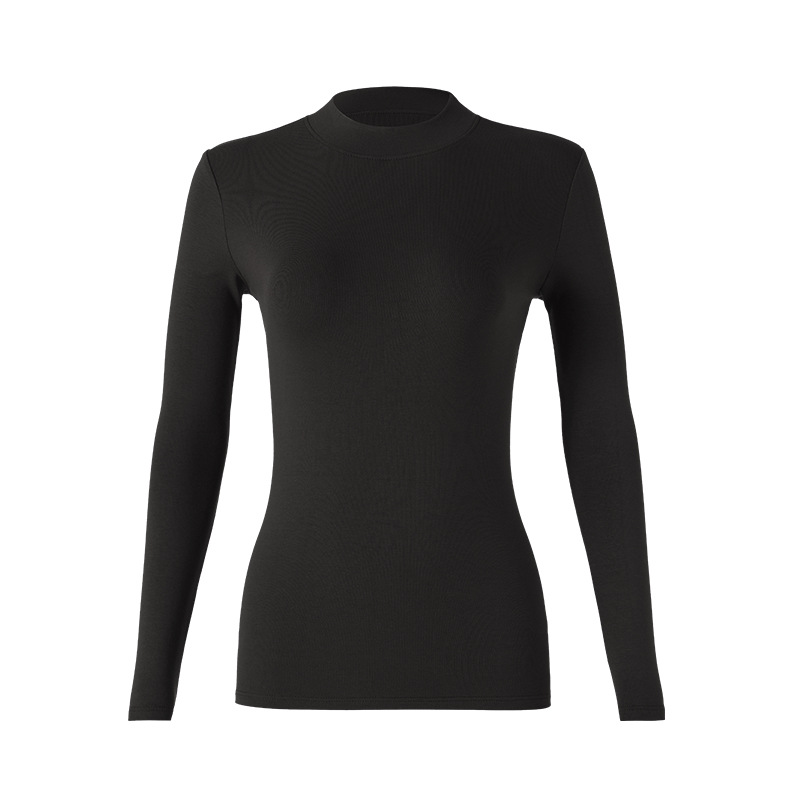 Shoulder Small Stand Collar Slim Fit Inner Wear Fleece Lined Sanded Bottoming Shirt Women's Half Turtleneck Spring and Autumn Winter Long Sleeve T-shirt Top